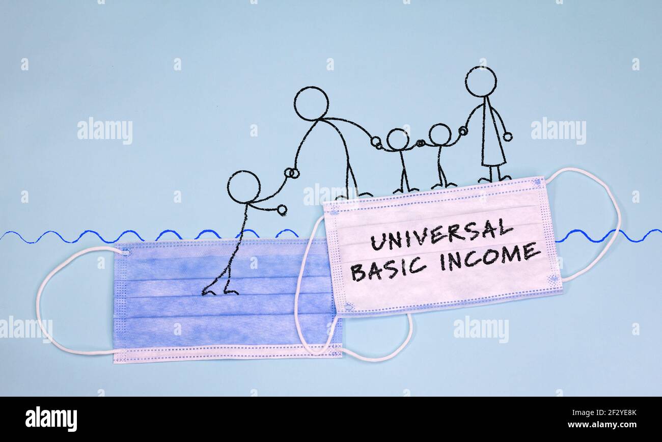 Drawing of family on face mask with universal basic income text helping another figure up from going under water Stock Photo