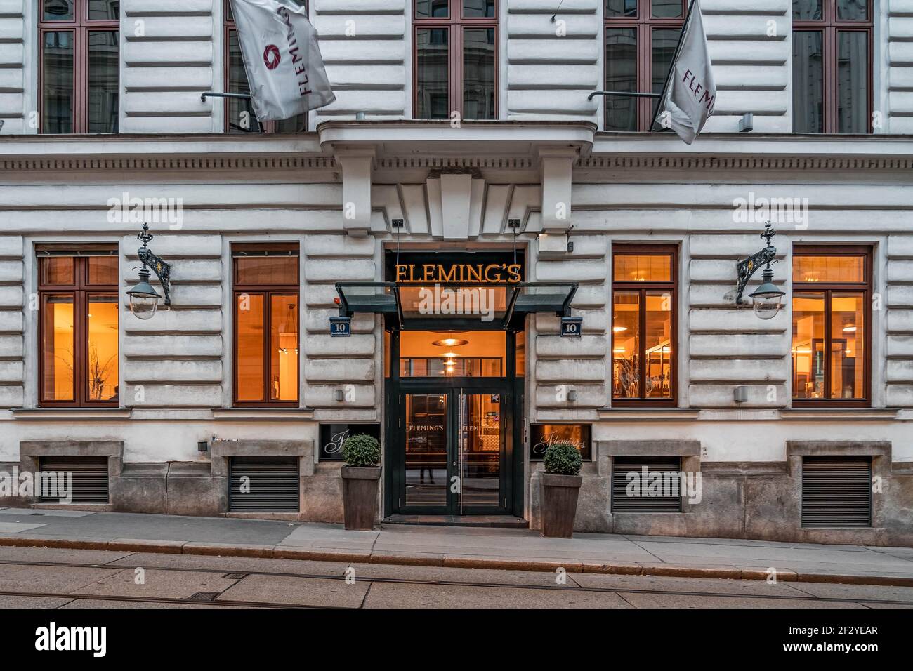 Vienna, Austria - Feb 7, 2020: Entrance facade of Fleming's Luxary hotel in city center in winter morning Stock Photo