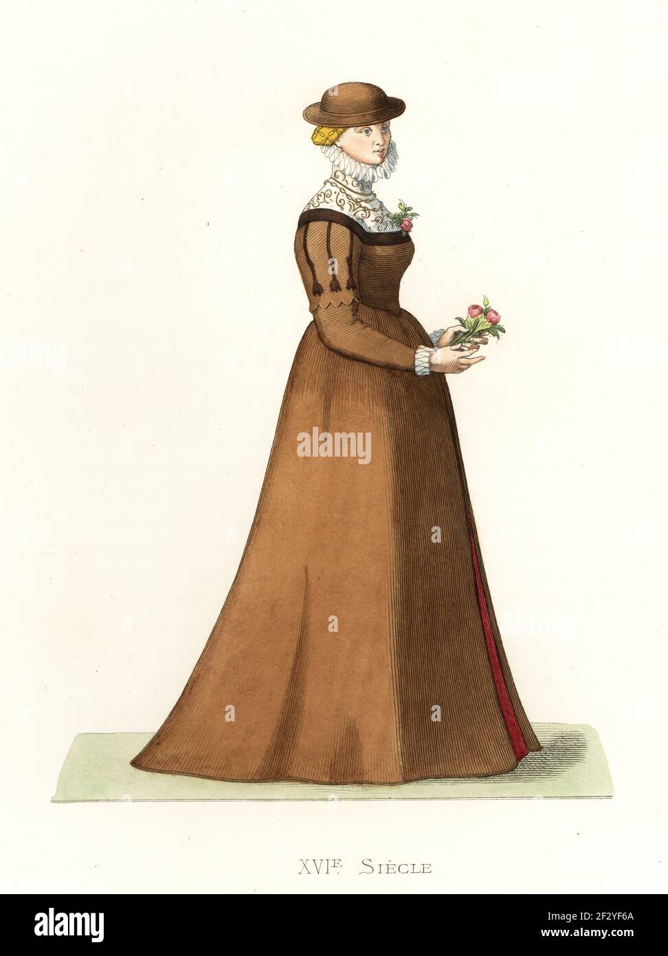 Young English woman, 16th century. In brown hat and wool gown lined with red silk, ruff collar and cuffs, wimple embroidered in gold. With a garland in her bodice. Angleterre, Jeune Fille. Handcolored lithograph after an illustration by Edmond Lechevallier-Chevignard from Georges Duplessis's Costumes historiques des XVIe, XVIIe et XVIIIe siecles (Historical costumes of the 16th, 17th and 18th centuries), Paris, 1867. Edmond Lechevallier-Chevignard was an artist, book illustrator, and interior designer. Stock Photo