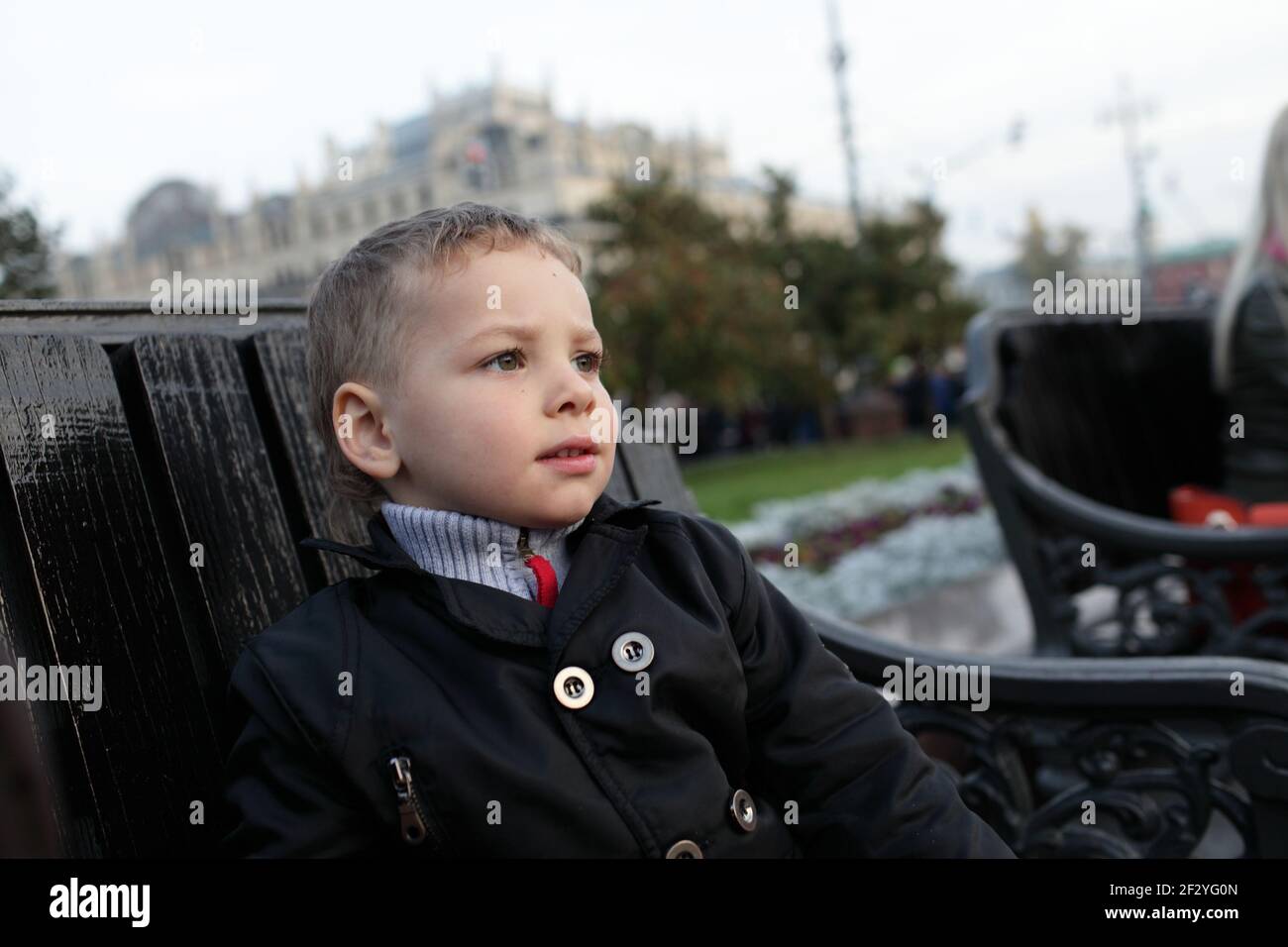 Boy sitting on a bench in the park Stock Photo - Alamy
