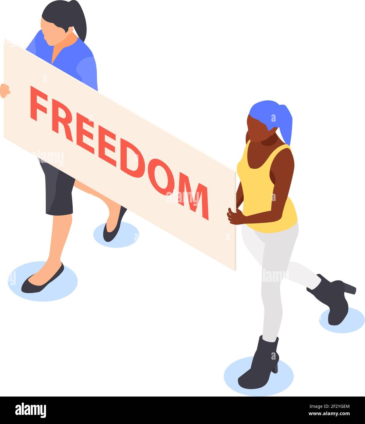 Two women carry a placard with the inscription freedom. Isolated over white background. Flat vector isometric illustration. Stock Vector