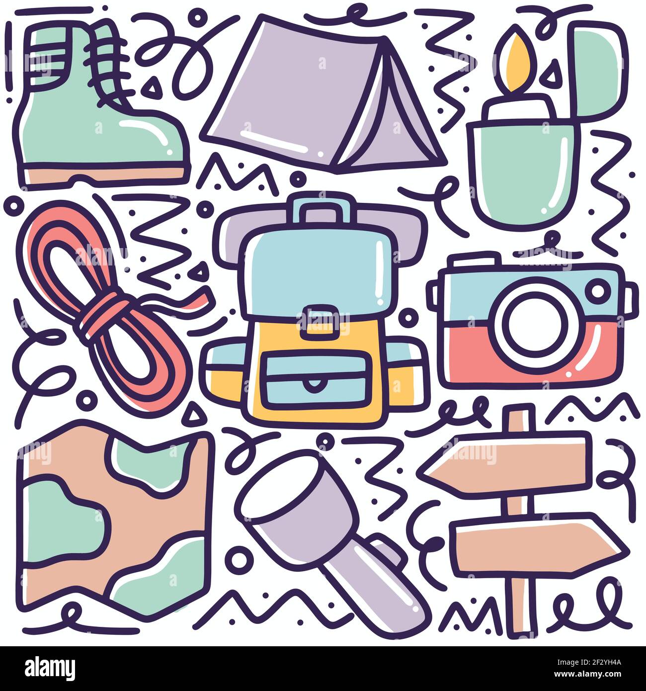 doodle set of camp tools hand drawing Stock Vector