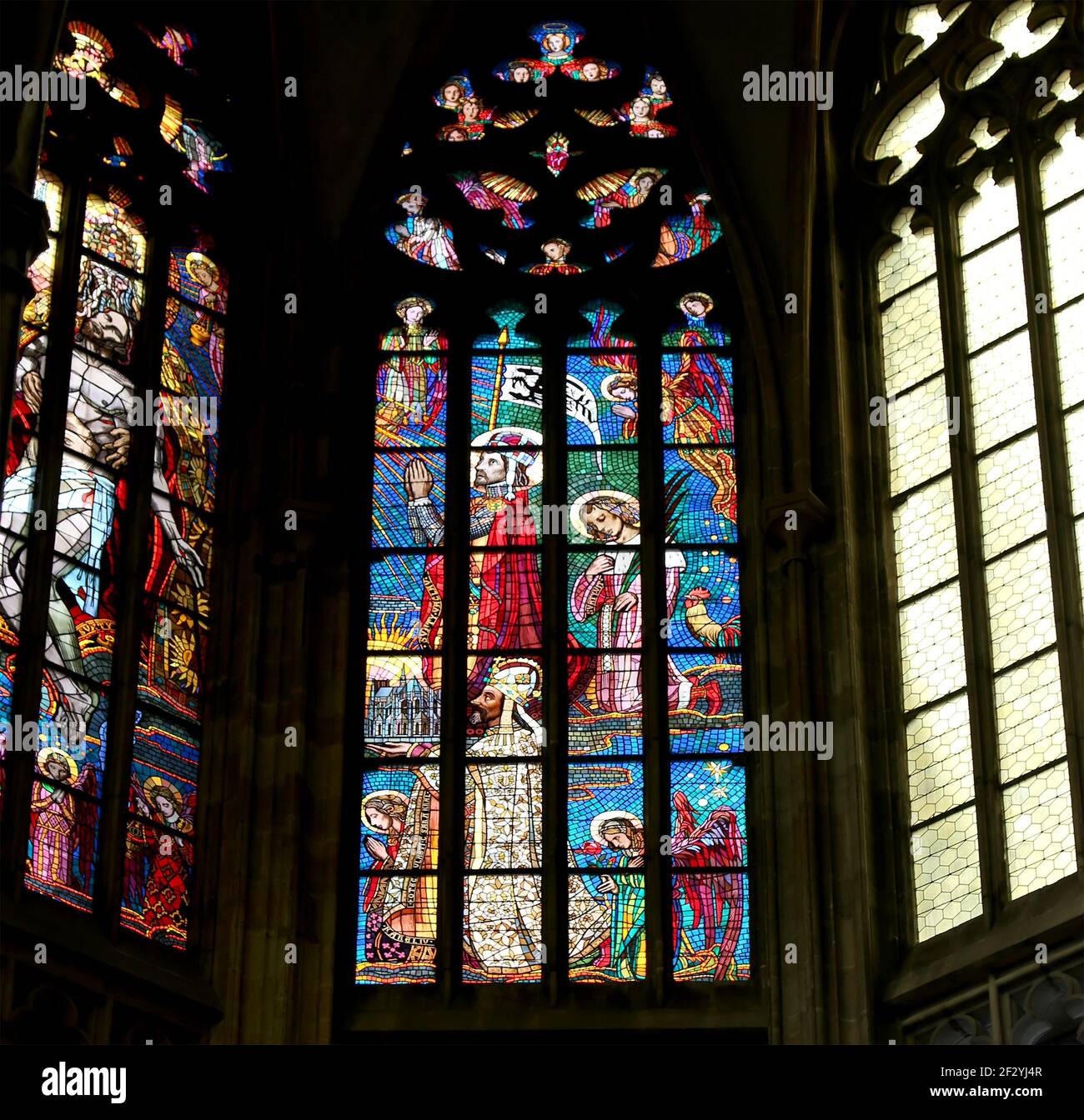 Art Nouveau painter Alfons Mucha Stained Glass window in St. Vitus  Cathedral, Prague, Czech Republic Stock Photo - Alamy