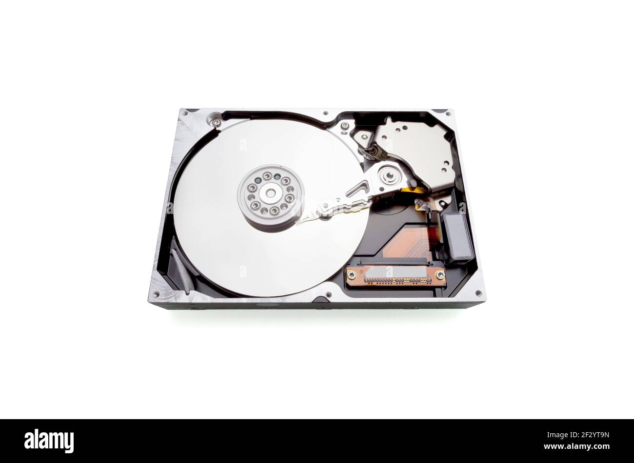 Computer opened Hard drive isolated on white Stock Photo