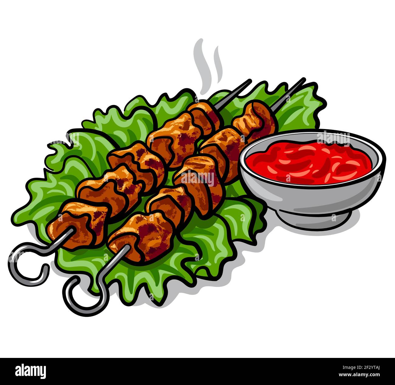 illustration of the grilled hot kebab with tomato sauce and lettuce