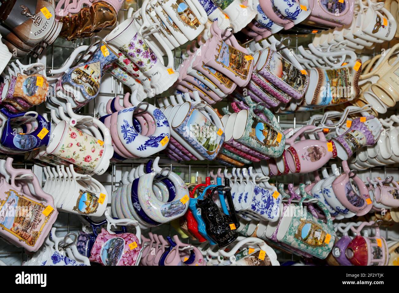 Porcelain cups for mineral water in shop window, Karlovy Vary (Carlsbad