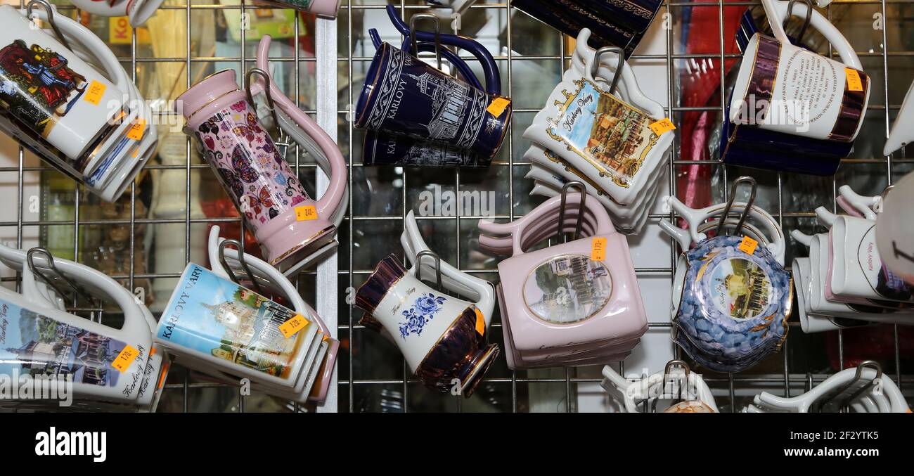Porcelain cups for mineral water in shop window, Karlovy Vary (Carlsbad