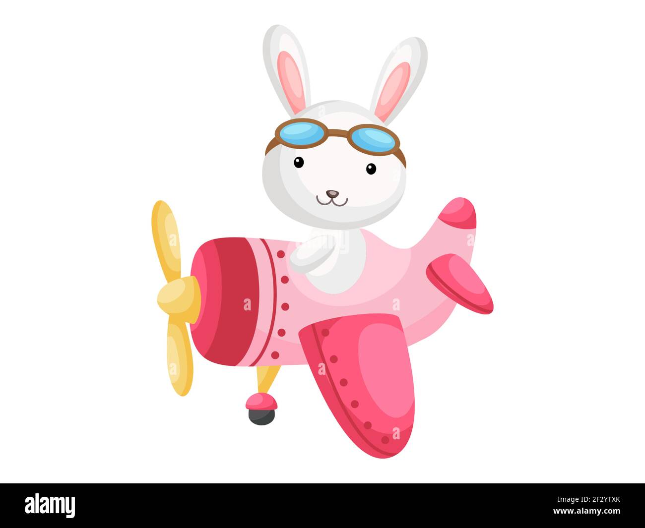 Little rabbit wearing aviator goggles flying an airplane. Funny baby