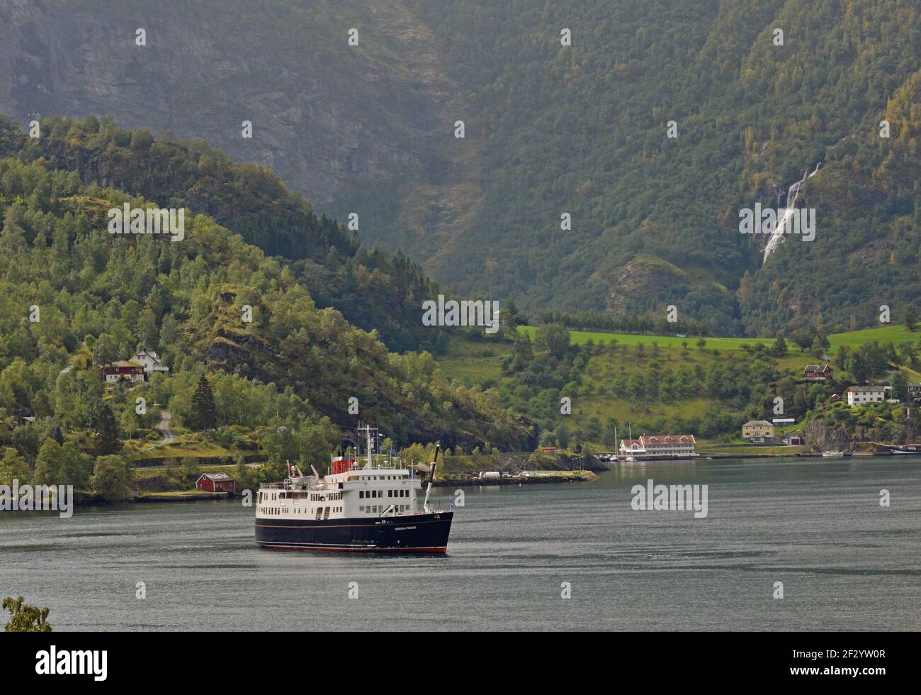 HEBRIDEAN PRINCESS at anchor of FLAM, AURLANDSFJORDEN, NORWAY Stock Photo