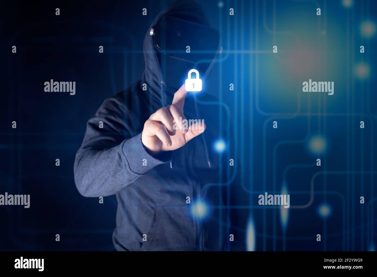Hacker coding virus ransomware using laptops and computers. Cyber attack, system breaking and malware concept. Stock Photo