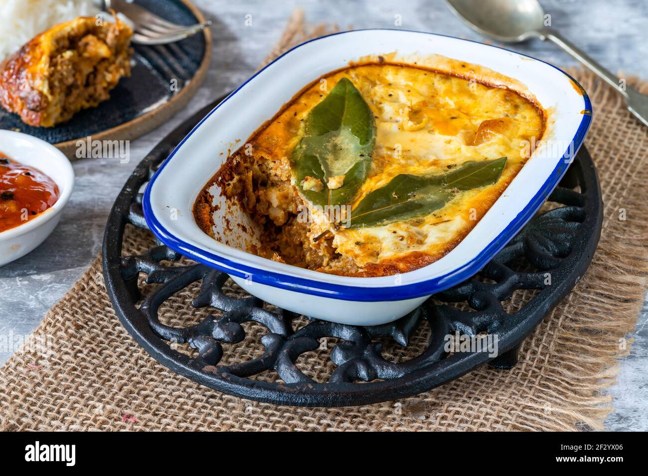 Bobotie - South African curried minced meat baked with egg-based ...