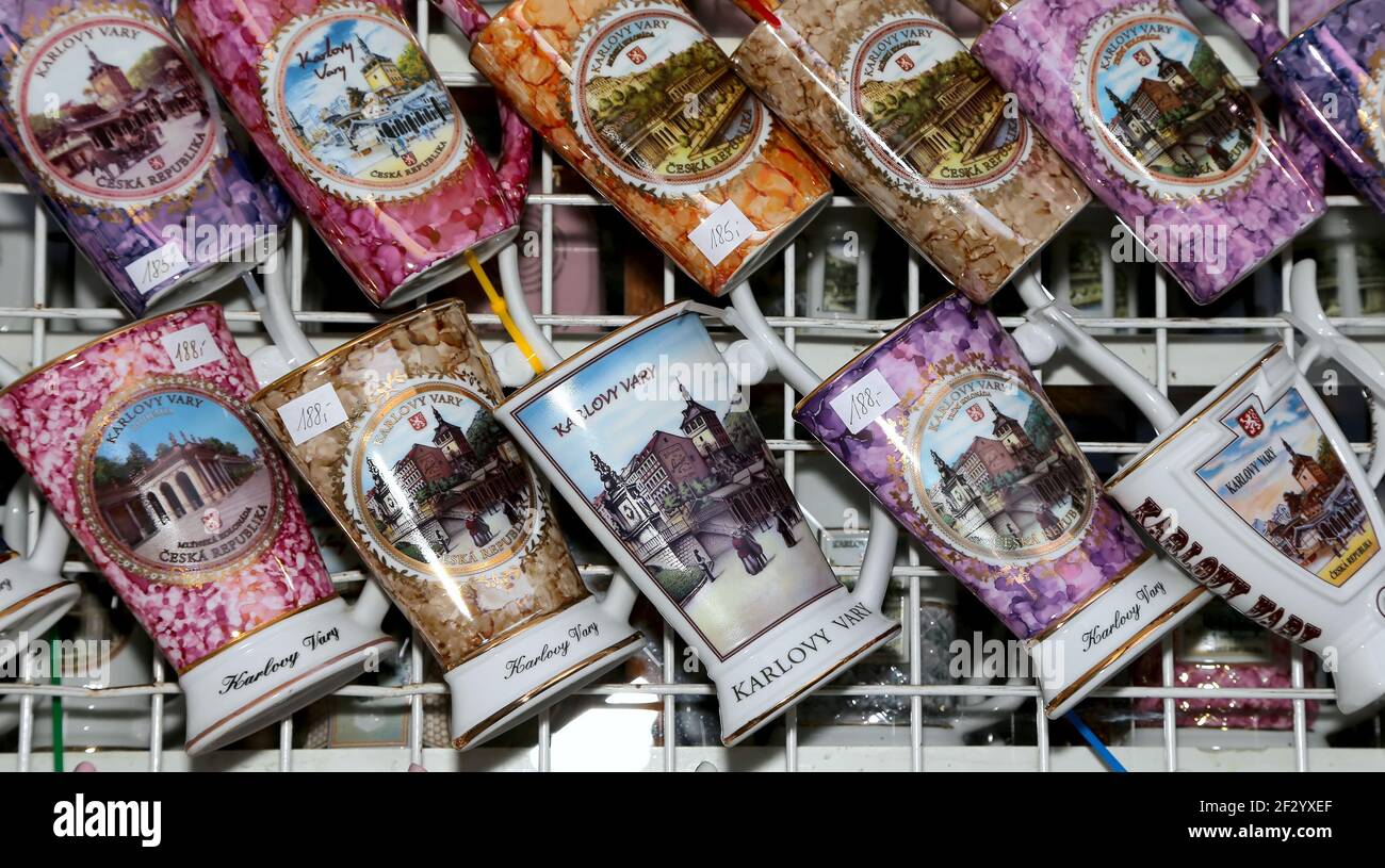 Porcelain cups for mineral water in shop window, Karlovy Vary (Carlsbad