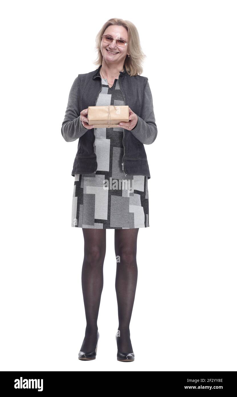 happy young woman with a gift box. isolated on a white Stock Photo - Alamy