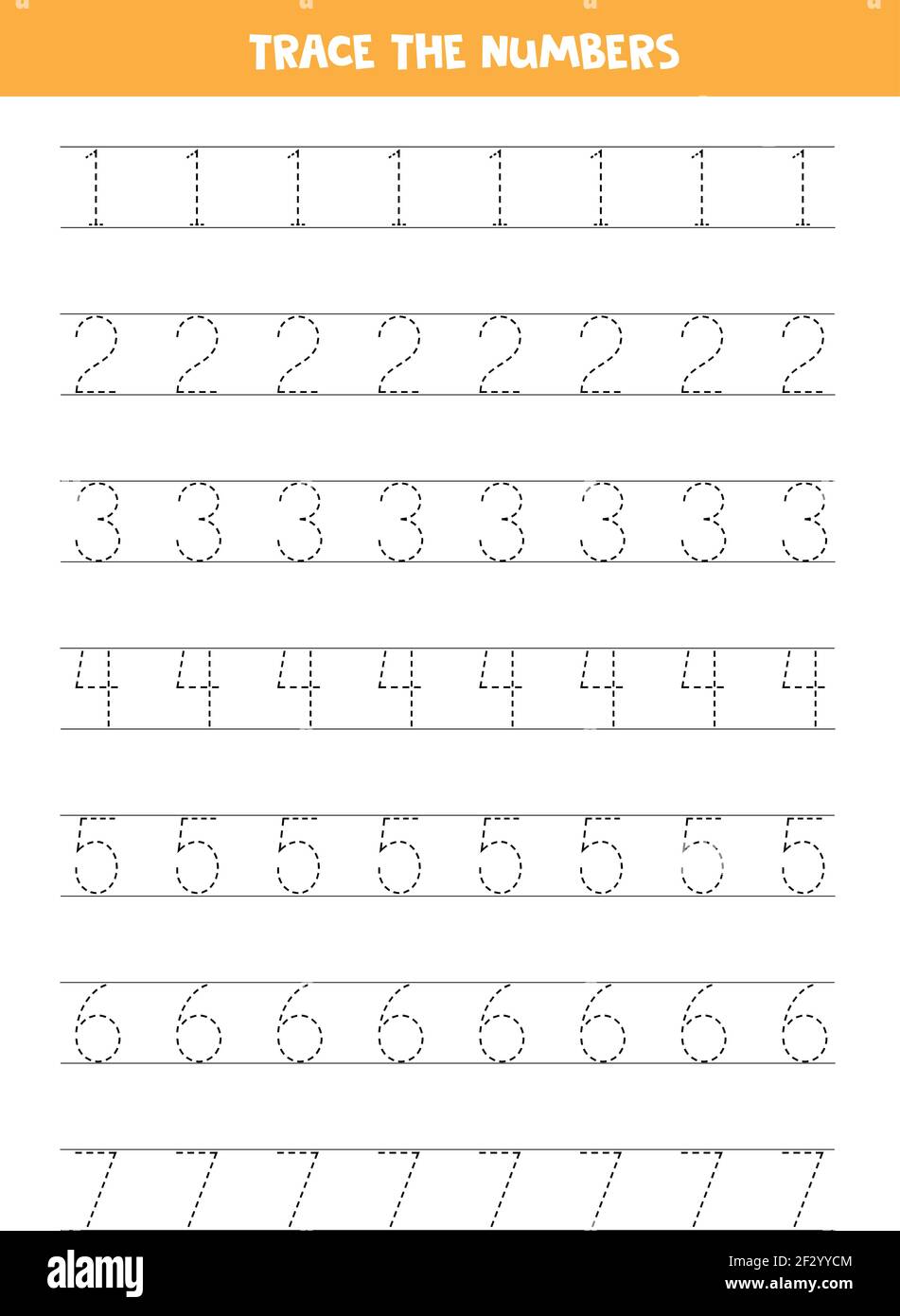 Trace numbers 1-7. Handwriting practice for preschool kids. Stock Vector
