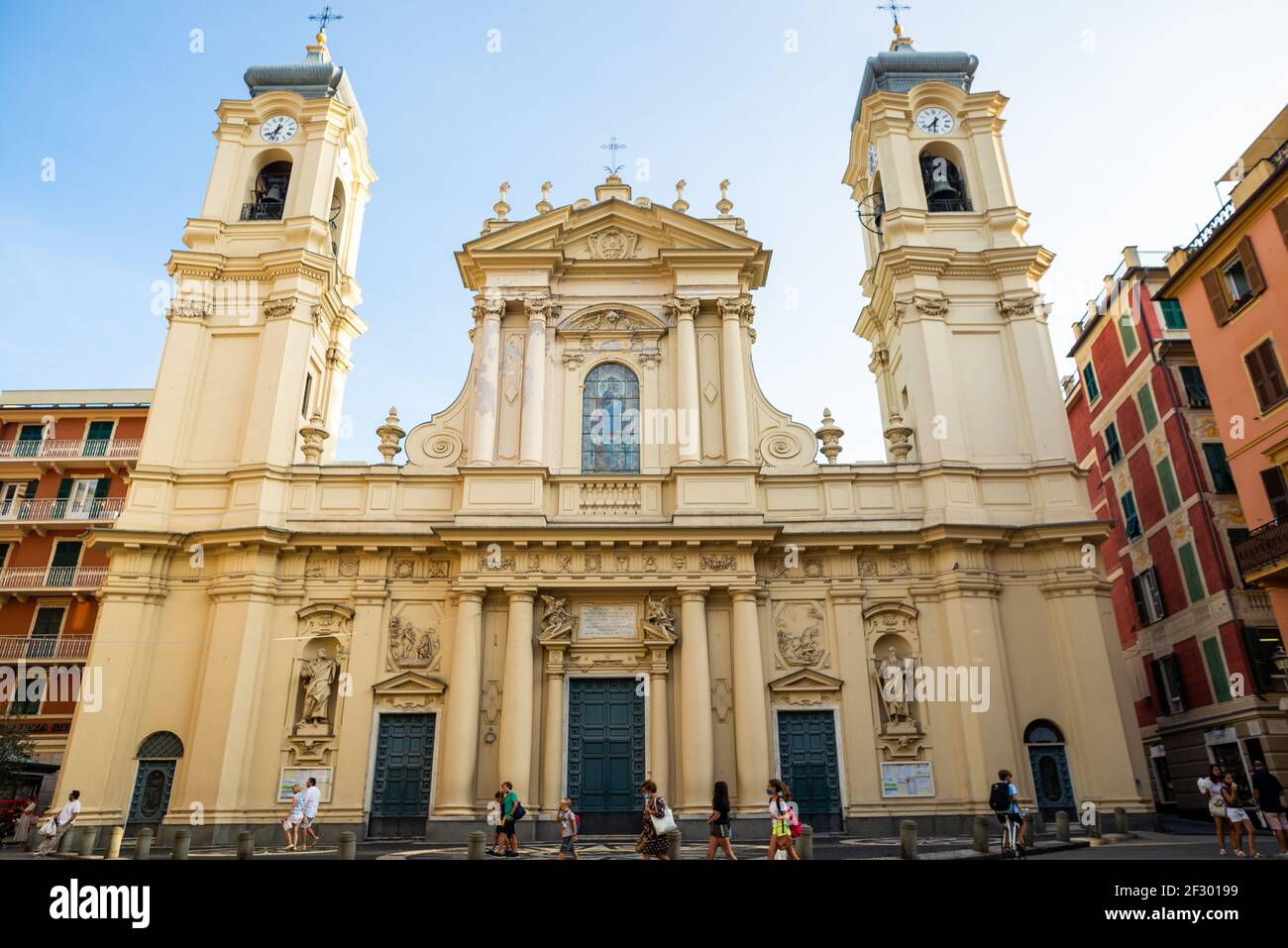The big Basilica of Santa Margherita in the heart of Santa Margherita Ligure, Italy, with its two characteristic bell towers Stock Photo