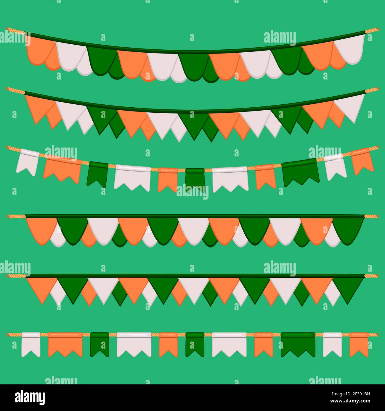 Irish holiday St Patrick day, big set from flags on rope. Pattern St Patrick day consisting of many different flags at rope on bright background. Flag Stock Vector