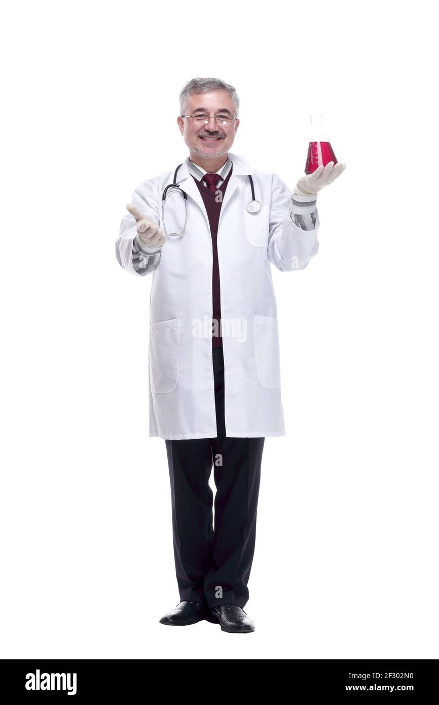 doctor in protective gloves pointing to the liquid in the flask. Stock Photo