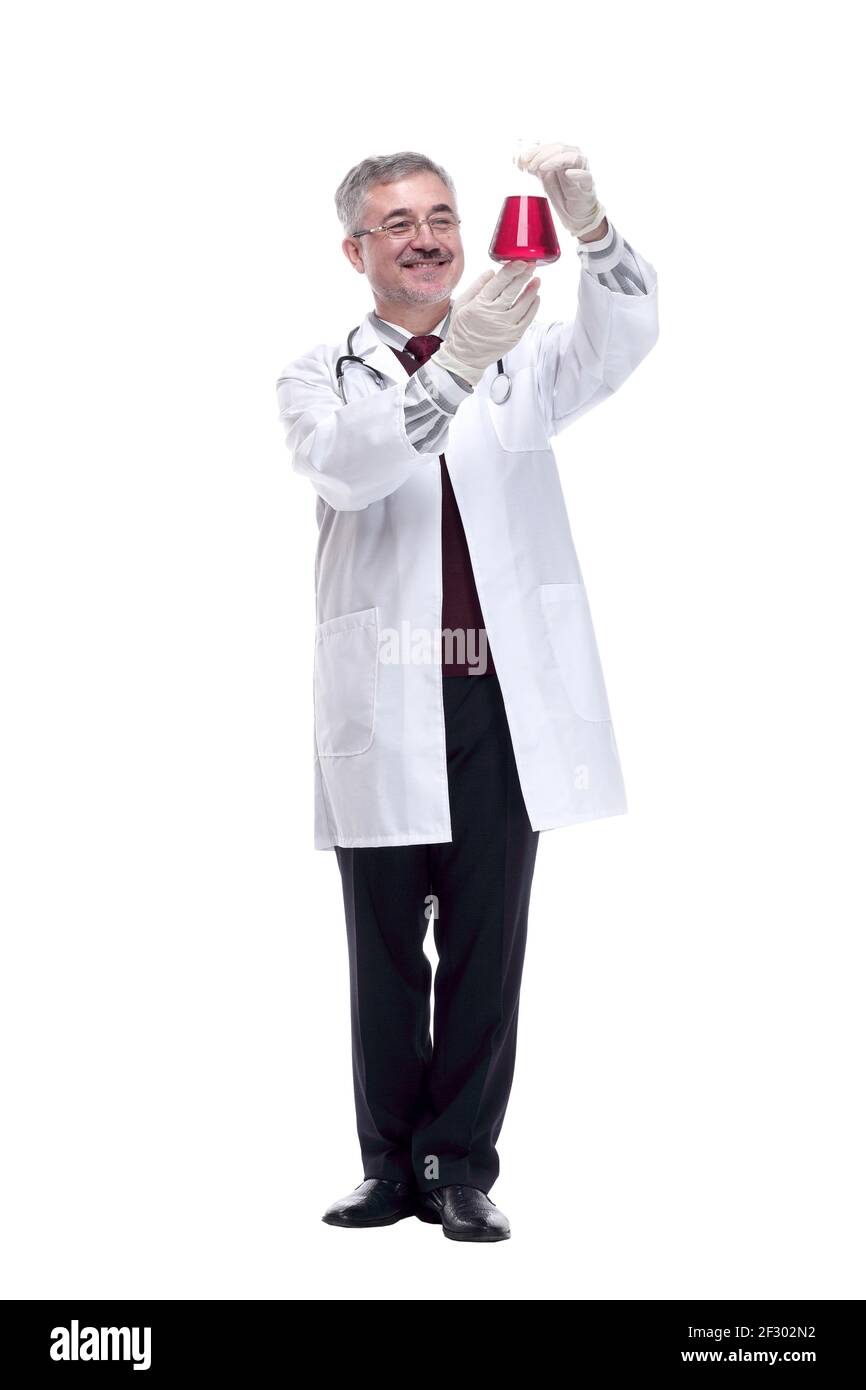 smiling doctor showing a flask with test results Stock Photo