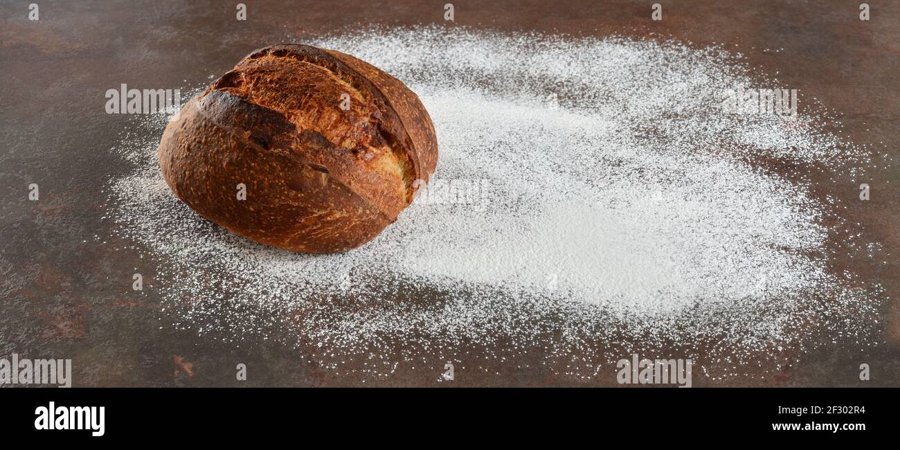 Loaf of homemade bread with a crisp crust on a kitchen table sprinkled with flour. Stock Photo