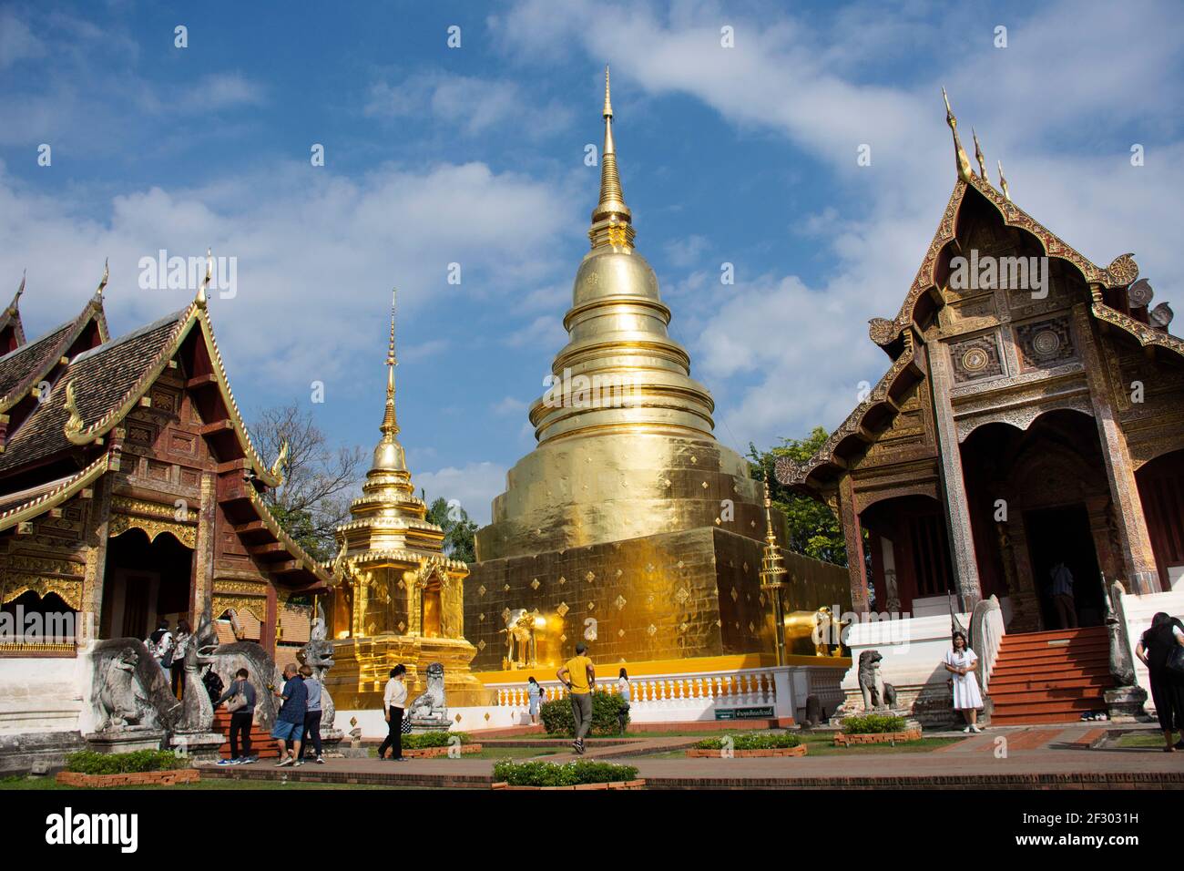 Thai people and foreign traveler travel visit respect praying buddha god angel deity and relics golden chedi stupa at  Wat Phra Singh Woramahaviharn T Stock Photo