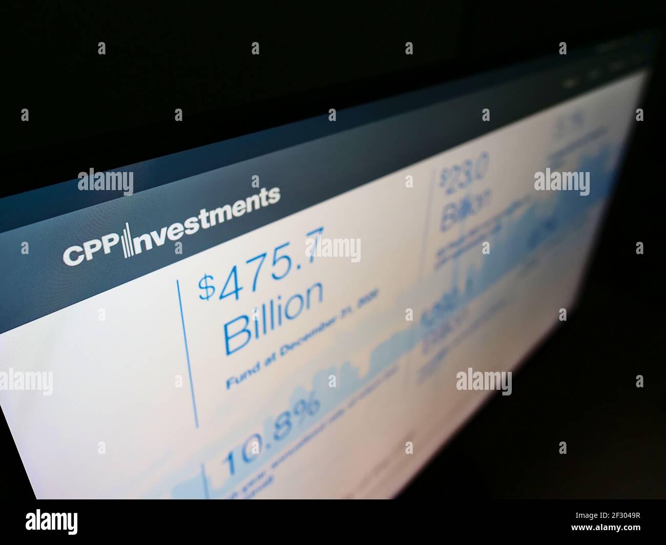 High angle view of website with logo of private equity company Canada Pension Plan Investment Board (CPPIB) on monitor. Focus on top-left of screen. Stock Photo