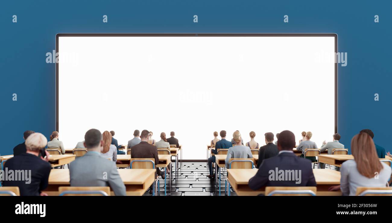 Business people on online meeting or webinar with empty white mock up computer screen 3D Rendering, 3D Illustration Stock Photo