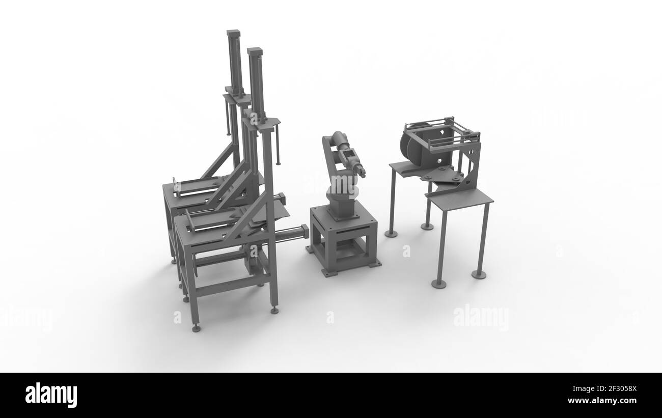 3D rendering of an assembly line machine with a robotic arm isolated on ...