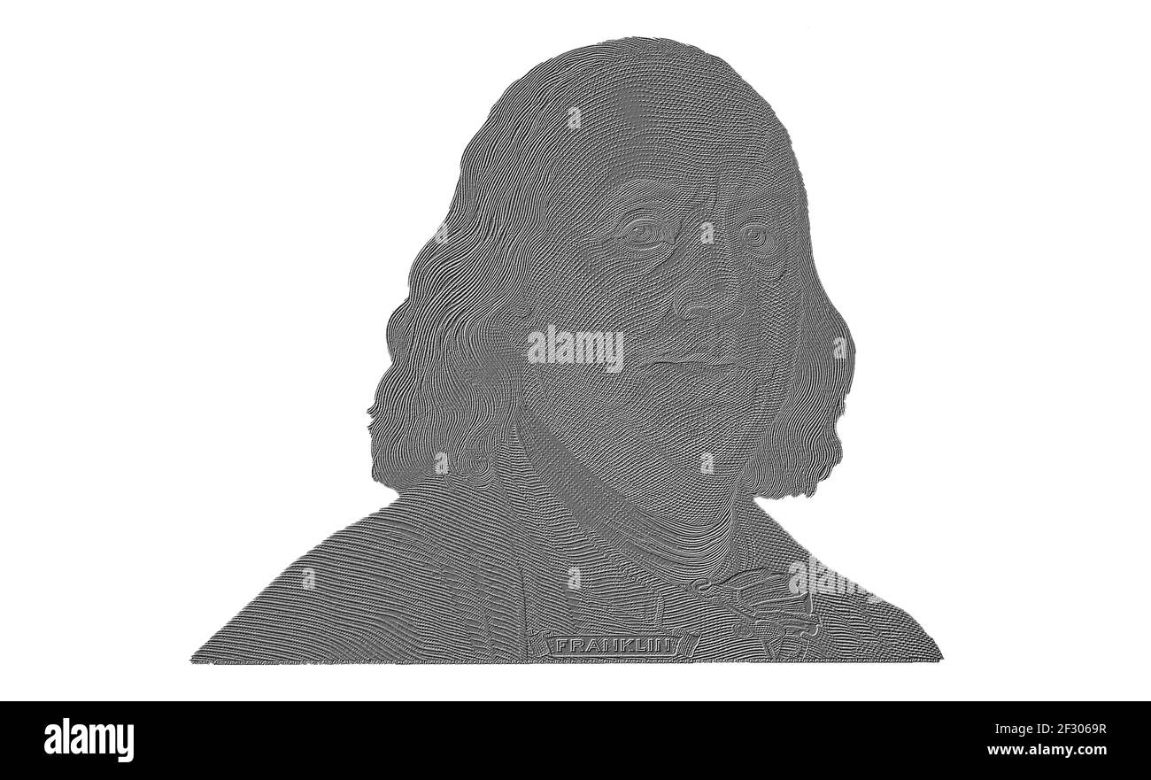 Benjamin Franklin cut on new 100 dollars banknote isolated on white background Stock Photo