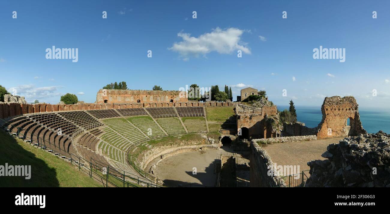 The Ancient theatre of Taormina is an ancient greek theatre, in Taormina, southern Italy, built early in the seventh century BC Stock Photo