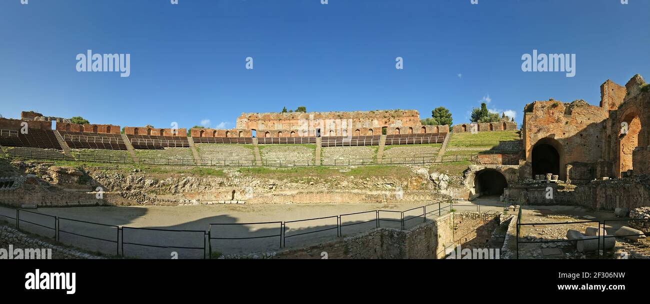 The Ancient theatre of Taormina is an ancient greek theatre, in Taormina, southern Italy, built early in the seventh century BC Stock Photo