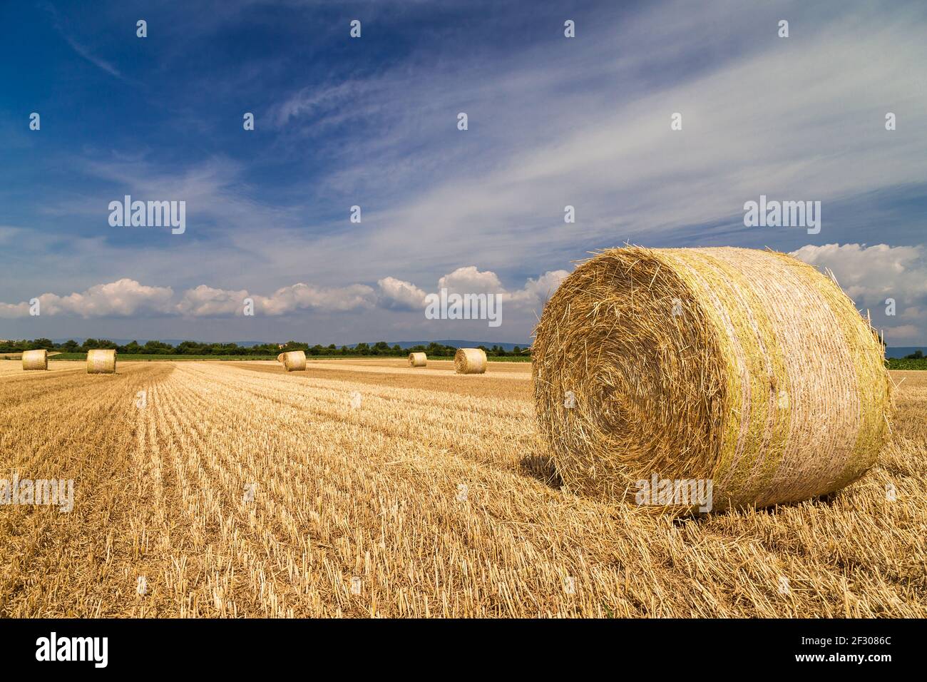 Beautiful panoramic view of a field with straw bales and a blue sky ...