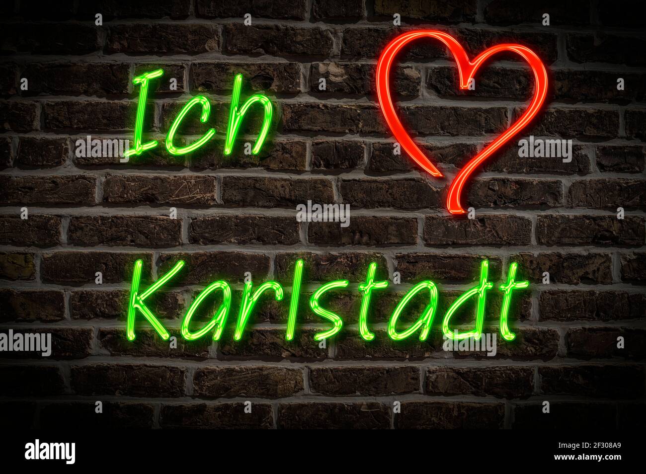 Leuchtreklame, Ich liebe Karlstadt, Bayern, Deutschland, Europa | Illuminated advertising, I love Karlstadt, Bavaria, Germany, Europe Stock Photo