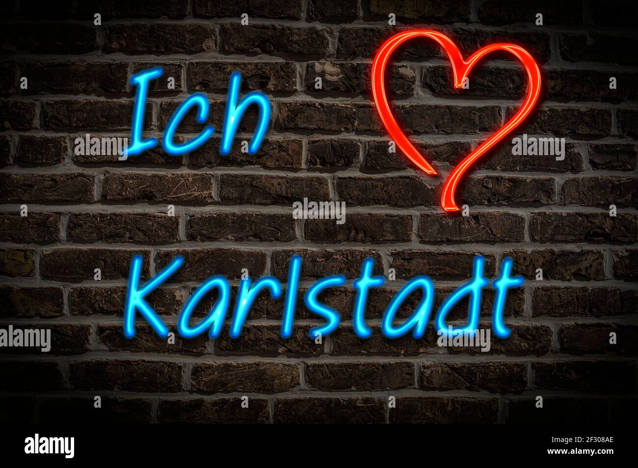 Leuchtreklame, Ich liebe Karlstadt, Bayern, Deutschland, Europa | Illuminated advertising, I love Karlstadt, Bavaria, Germany, Europe Stock Photo