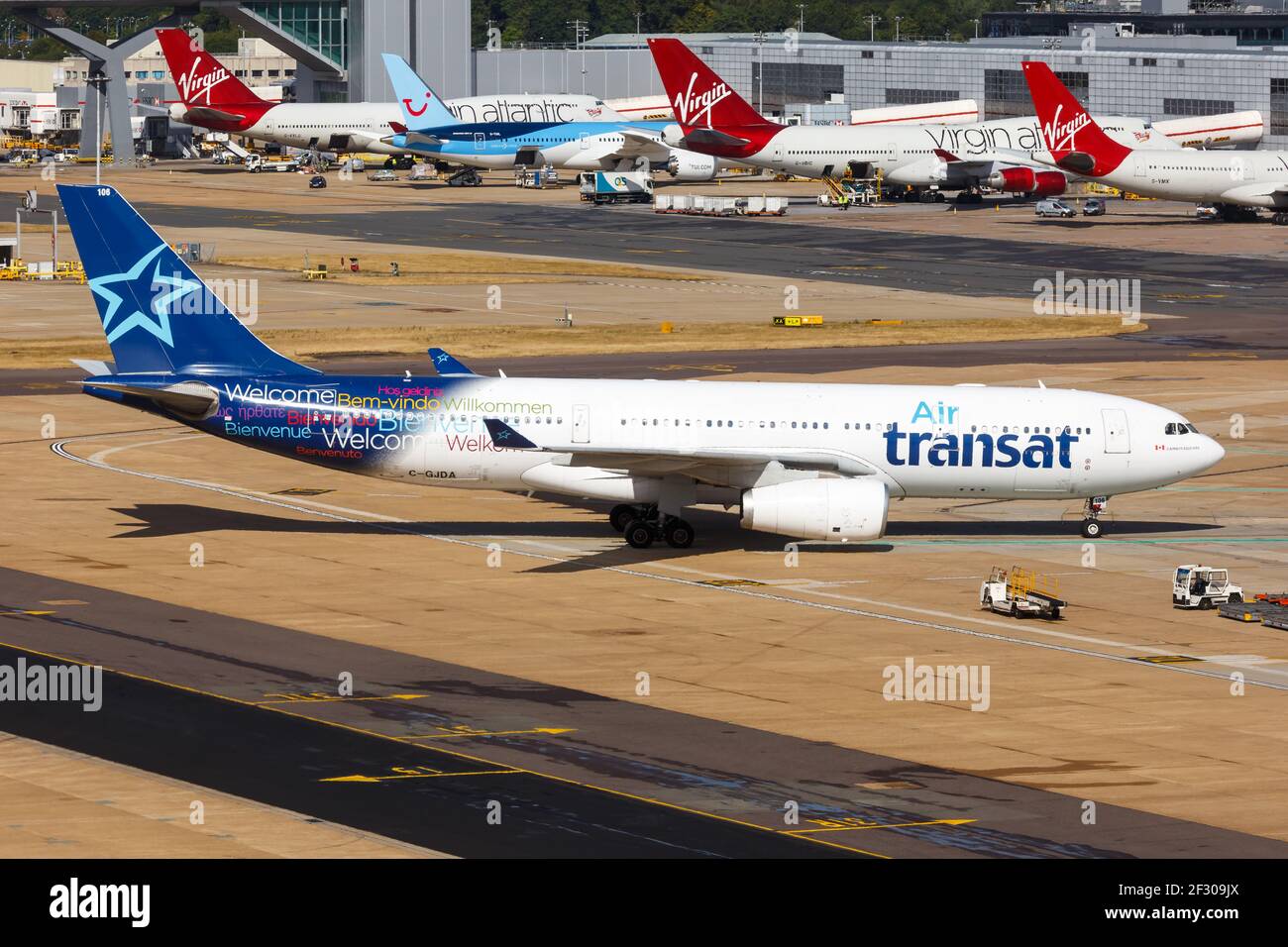 London, United Kingdom - July 31, 2018: Air Transat Airbus A330 airplane at London Gatwick airport (LGW) in the United Kingdom. Airbus is a European a Stock Photo