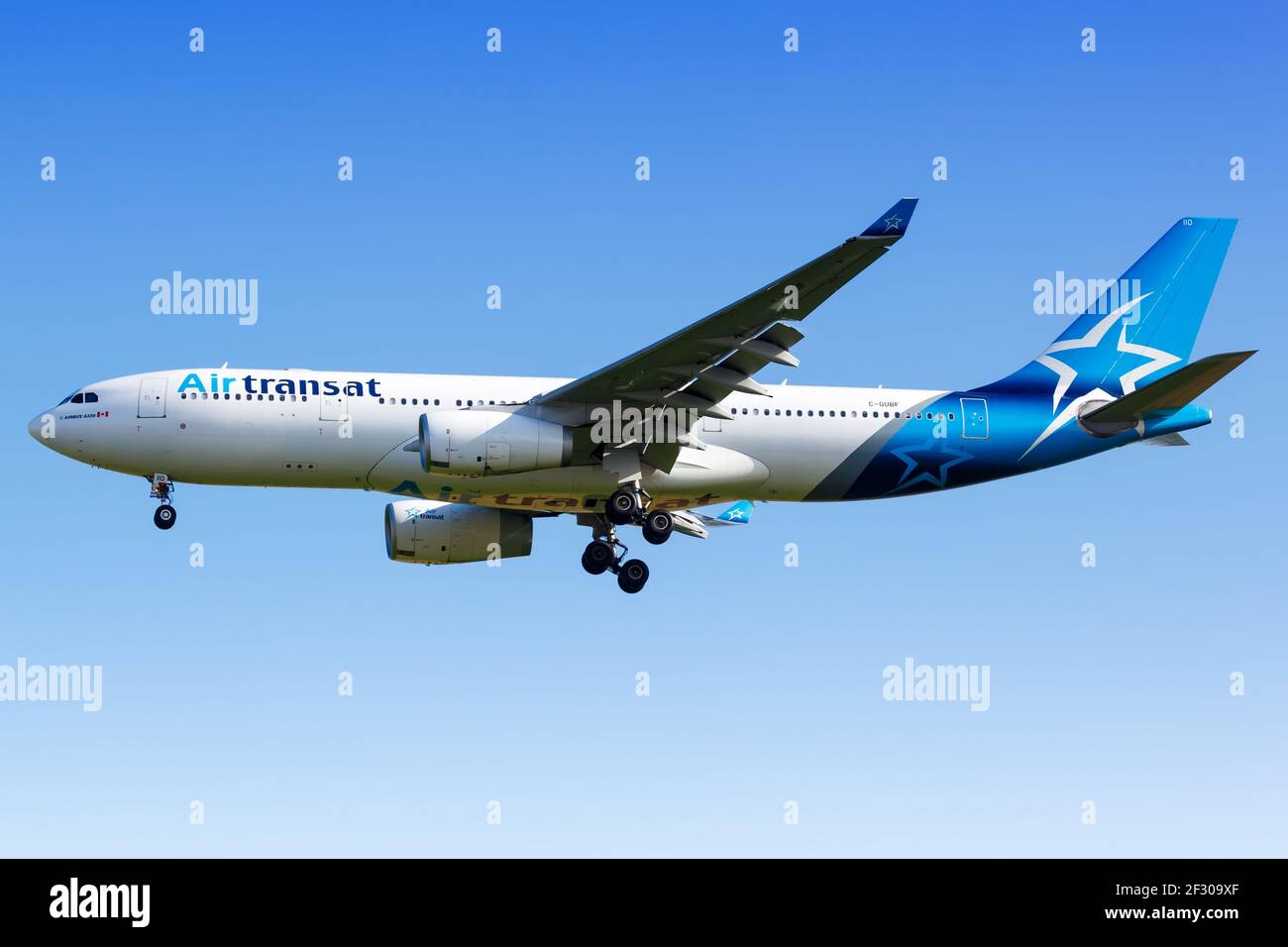 Paris, France - August 17, 2018: Air Transat Airbus A330 airplane at Paris Charles de Gaulles airport (CDG) in France. Airbus is a European aircraft m Stock Photo
