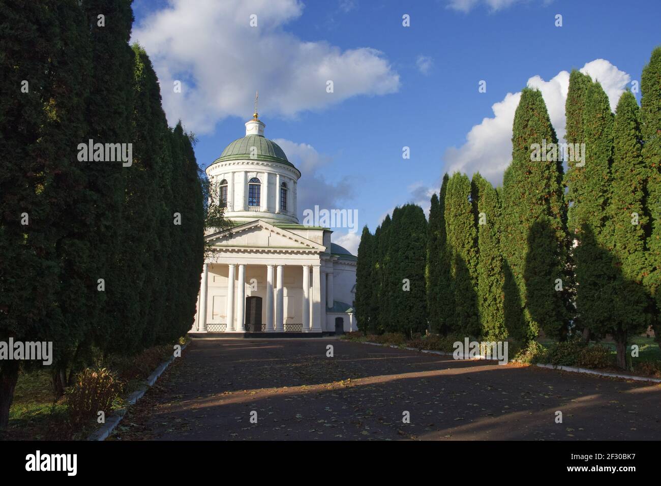 All Saints church in Nizhyn, Chernihivska oblast, Ukraine. Beautiful old building XVIII century with dome for religious purposes, Orthodox Church. Ukr Stock Photo