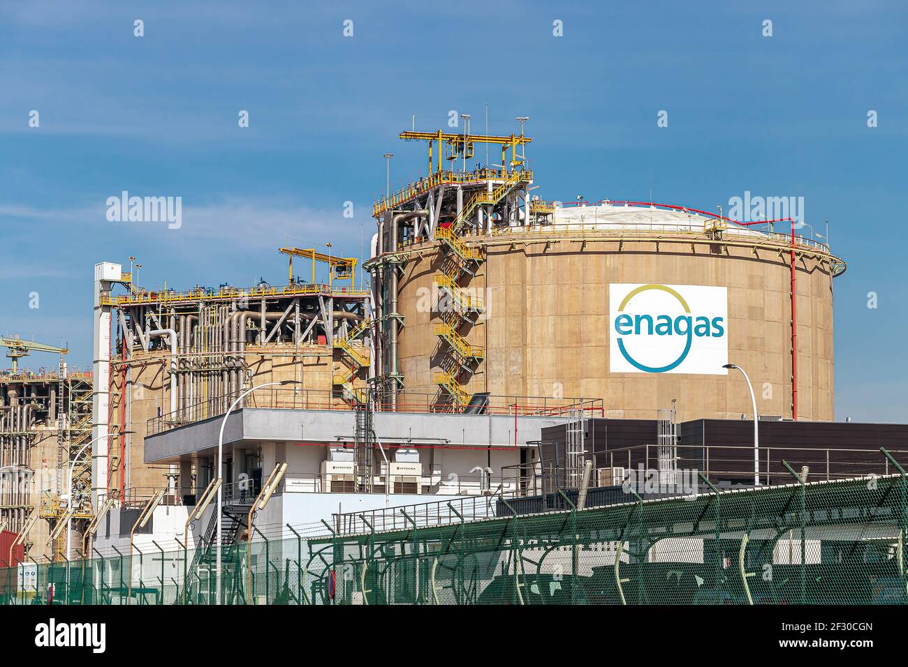 Palos de la Frontera, Huelva, Spain - March 11, 2021: Storage Tanks of Enagas, Empresa Nacional del Gas, is a natural gas transportation company and T Stock Photo