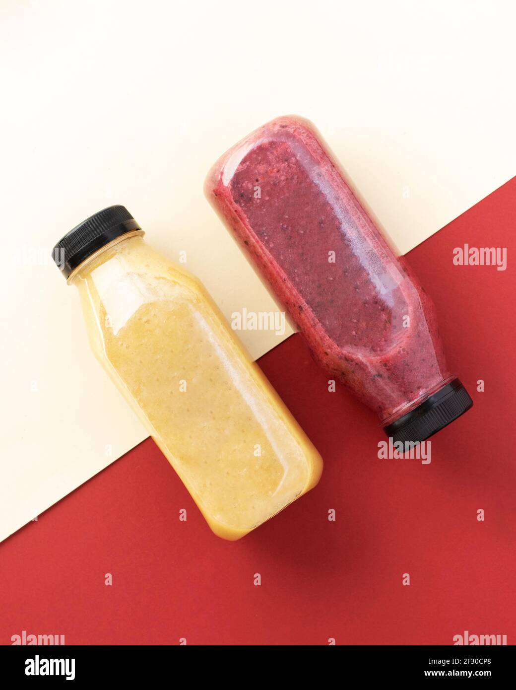 Plastic bottles with fruit and vegetable juices. The concept of the