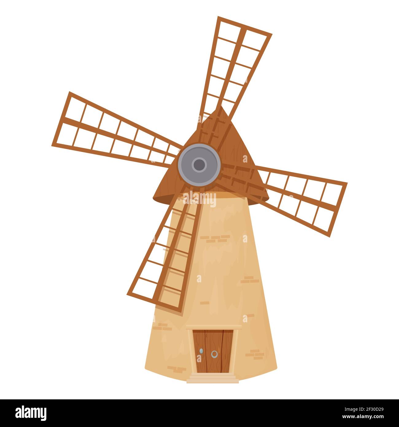 Windmill fairy, cartoon isolated on white background. Retro, rural building, tower with wooden propeller. Clipart, design element, ui gy asset. Vector Stock Vector