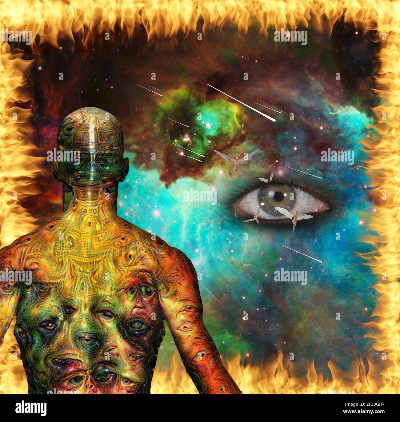 Hopes and fears. Figure of man with weird demonic eyes on his skin and ...