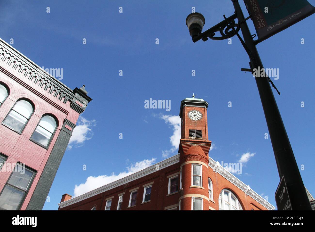 Queen Anne Clock Tower in Downtown Staunton, VA, USA Stock Photo