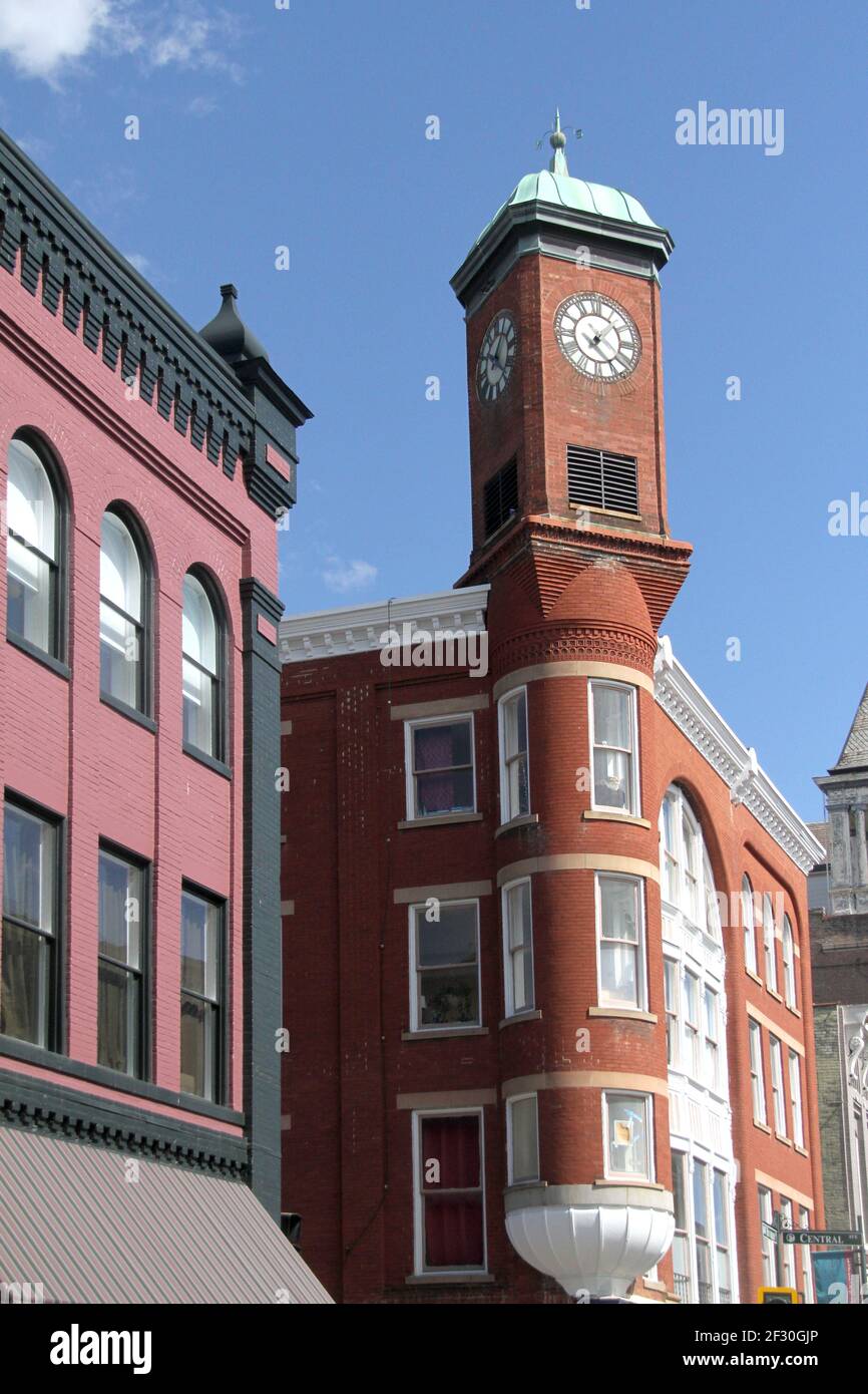 Queen Anne Clock Tower in Downtown Staunton, VA, USA Stock Photo
