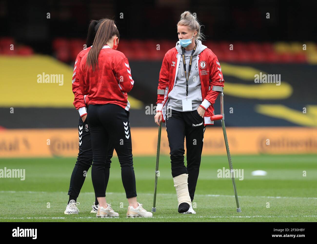 Bristol City's Jas Matthews in crutches before the FA Women's Continental  Tyres League Cup final match at Vicarage Road, London. Picture date: Sunday  March 14, 2021 Stock Photo - Alamy
