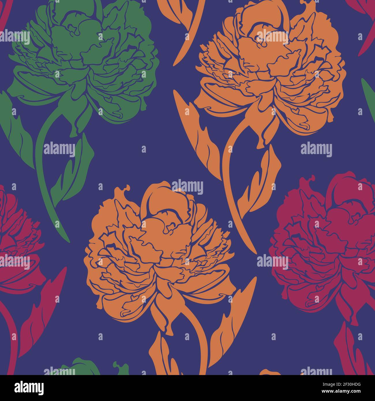 Vector seamless pattern with peonies on blue background. Design with vivid flowers. Stock Vector
