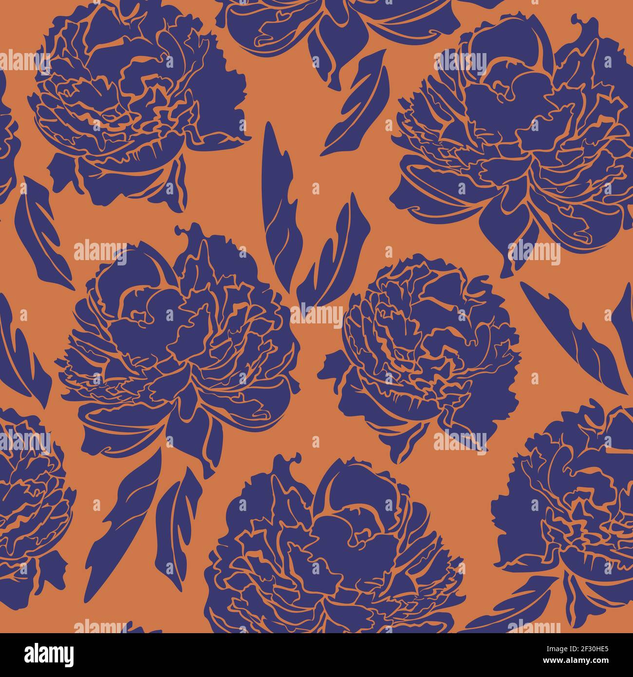 Vector seamless pattern with blue peonies on orange background. Contrast pattern. Stock Vector