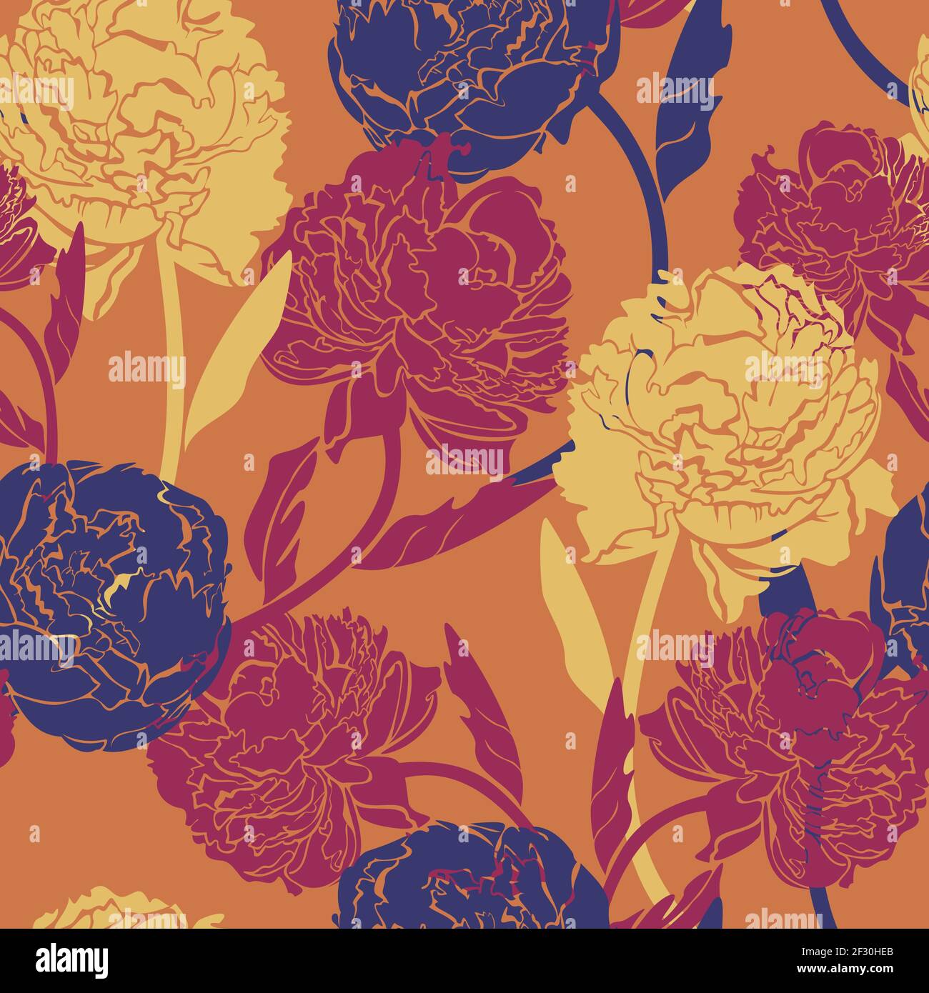 Vector seamless pattern with peonies on orange background. Exuberant blossom design. Stock Vector