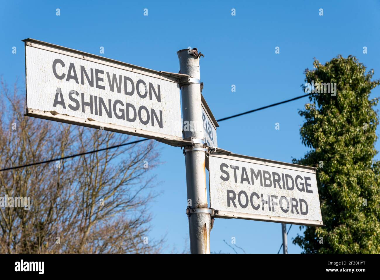 Destination sign in Ballards Gore, near Stambridge, Essex, UK, pointing to Canewdon, Ashingdon, Stambridge and Rochford. Country destinations Stock Photo