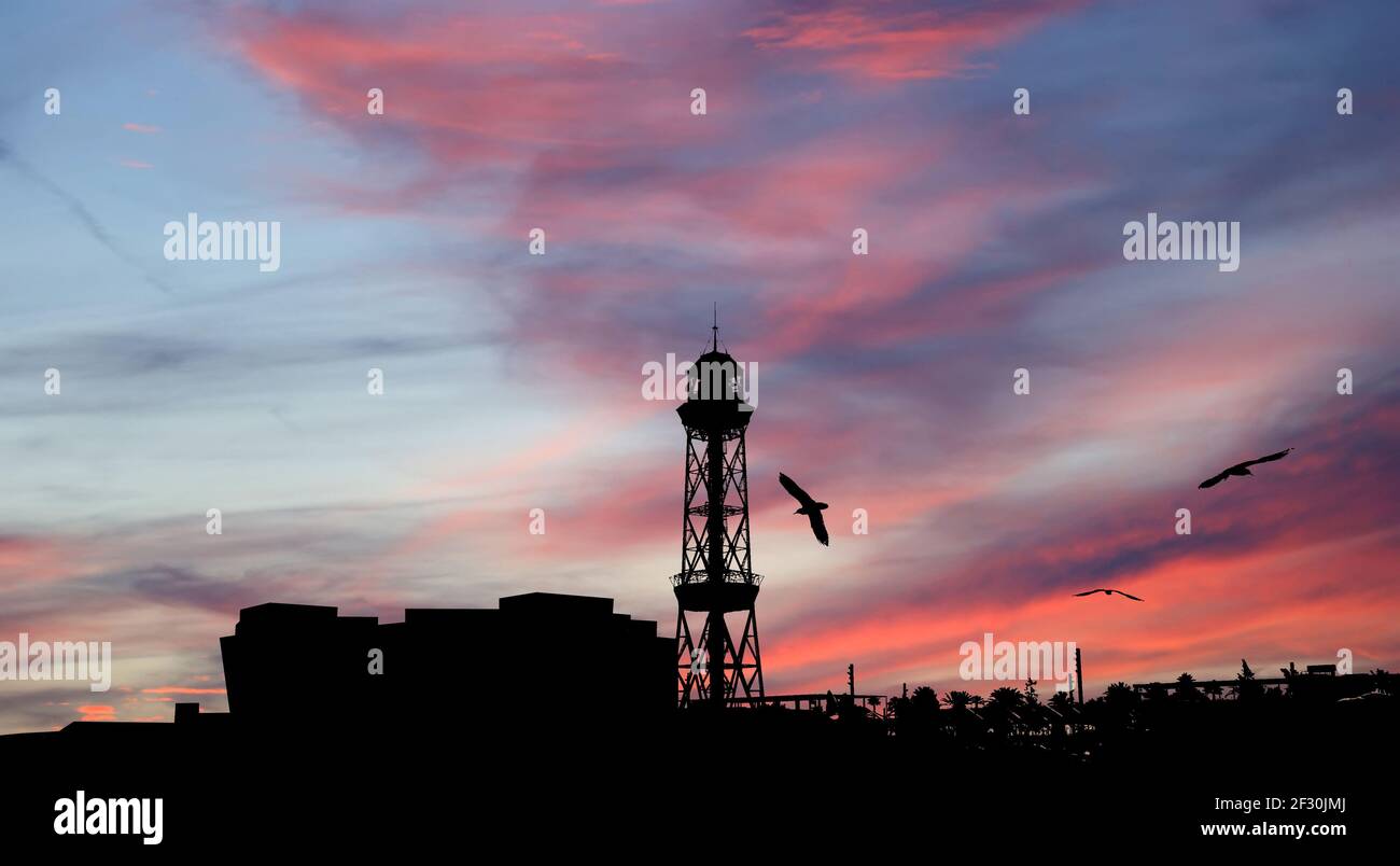 Passenger port in Barcelona with cable car tower Stock Photo - Alamy