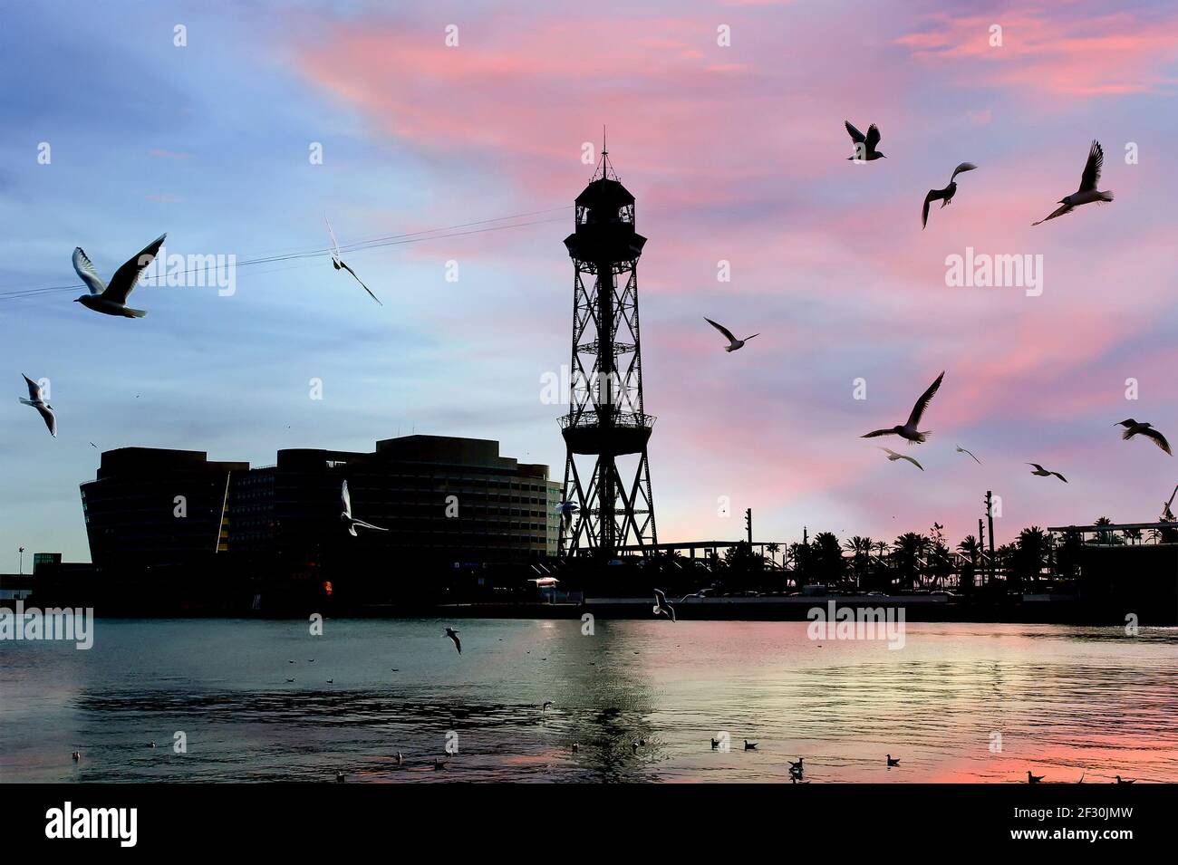 Passenger port in Barcelona with cable car tower Stock Photo - Alamy