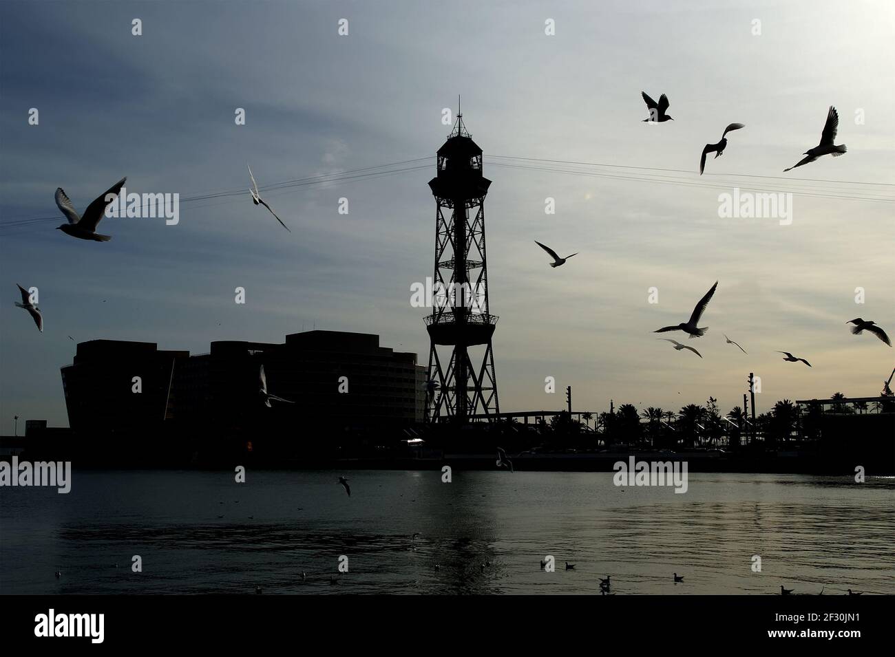 Passenger port in Barcelona with cable car tower Stock Photo - Alamy